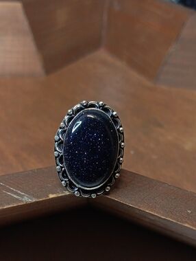 Navy Blue Goldstone Oval Statement Ring